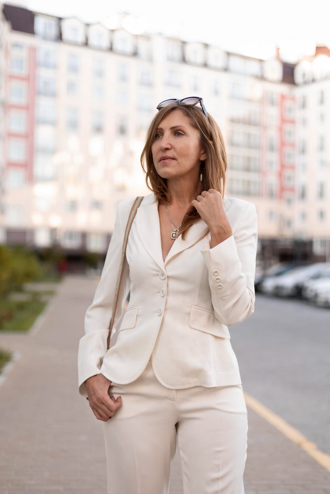 A woman in a white business suit